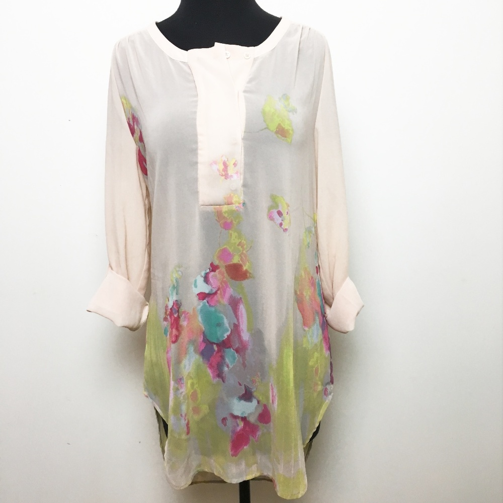 Mossimo Sheer Watercolor Floral Rolltab Tunic Sz S